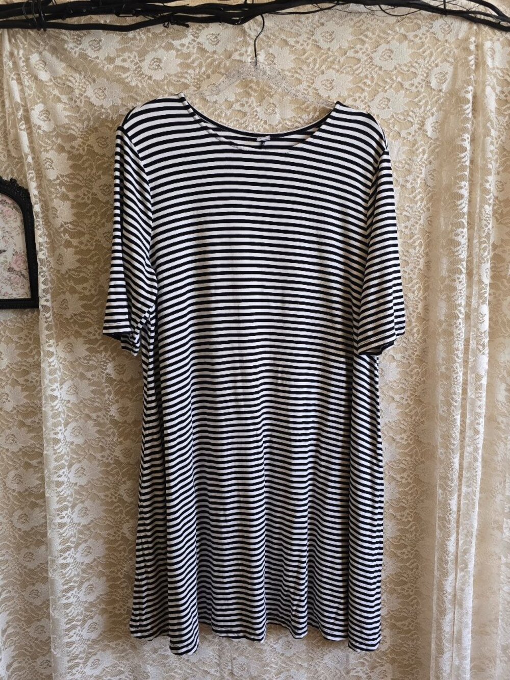PugslyCore - Addams Family Style - Black and White Striped Shirt Dress